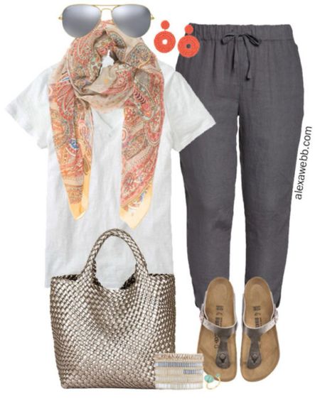 Plus Size Spring Scarf Outfits - Part 2 - A plus size casual outfit for spring into summer with a lightweight scarf and linen pants and Birkenstock sandals by Alexa Webb.

#LTKStyleTip #LTKSeasonal #LTKPlusSize