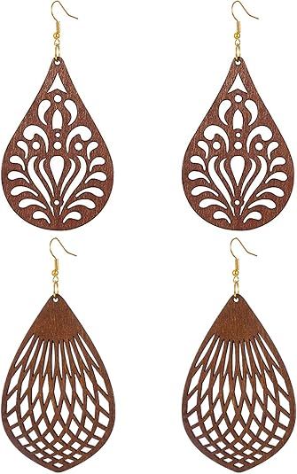 Wovanoo Wood Earrings for Women Natural Wooden Waterdrop Drop Dangle Earring | Amazon (US)