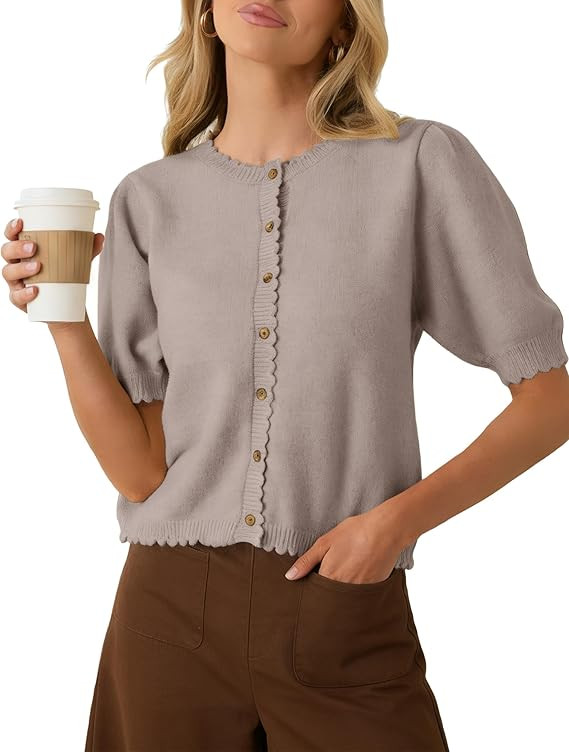 Short Sleeve Cardigans for Women Button Up Lightweight Puff Sleeve Sweater Cropped Summer Casual ... | Amazon (US)