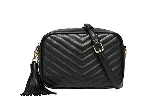 Daisy Rose Quilted Chevron Shoulder Cross Body Bag & Detachable Tassel, PU Vegan Leather - Black | Amazon (US)
