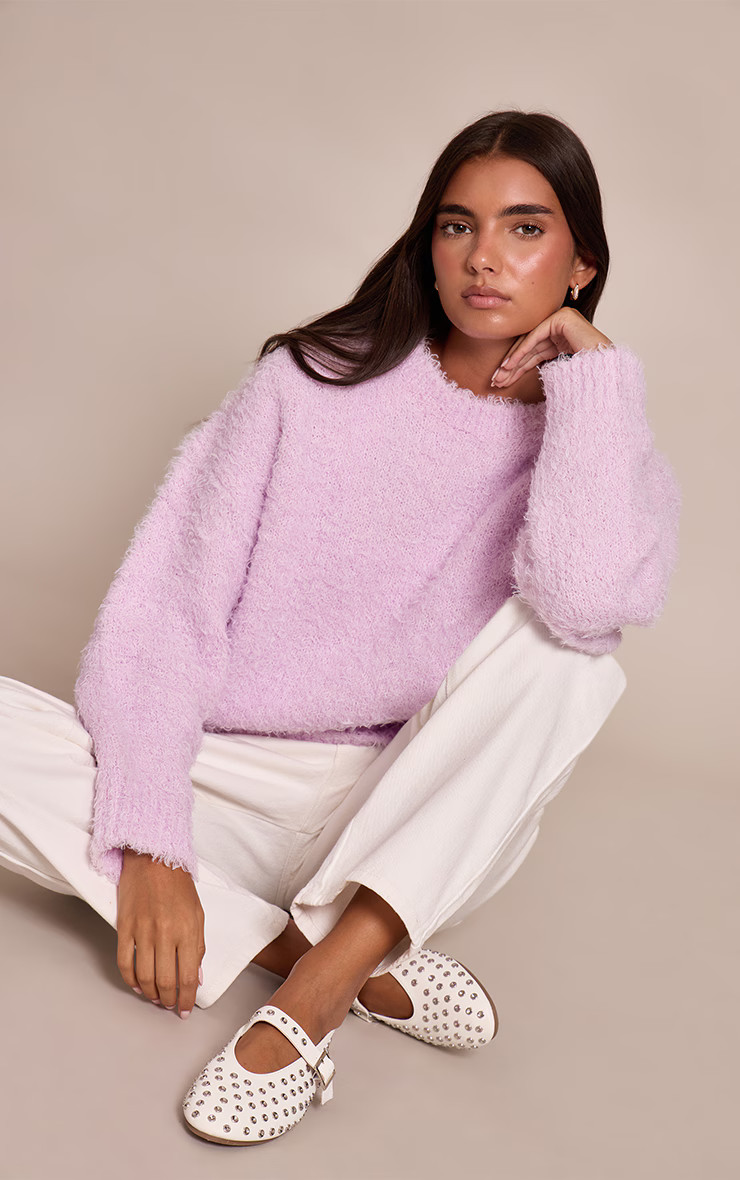 Lilac Teddy Knit Oversized Sweater | Knitwear | PrettyLittleThing US