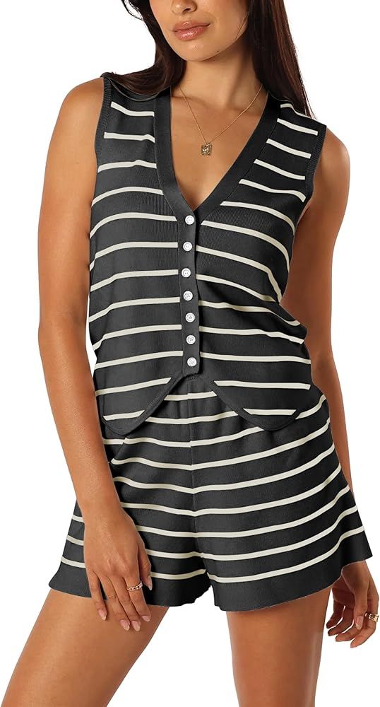 Womens 2 piece outfits Summer Knit Striped Knit Sleeveless V Neck Vest Lounge Matching Set | Amazon (US)