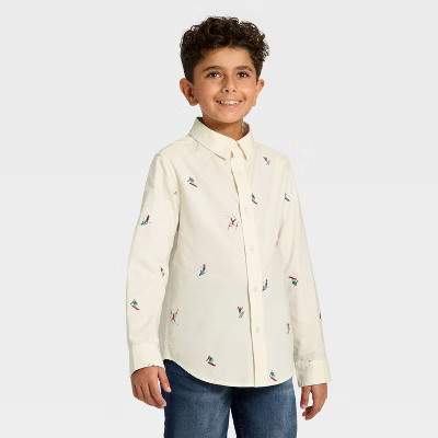 Boys' Long Sleeve Holiday Printed Button-Down Shirt - Cat & Jack™ Cream L | Target