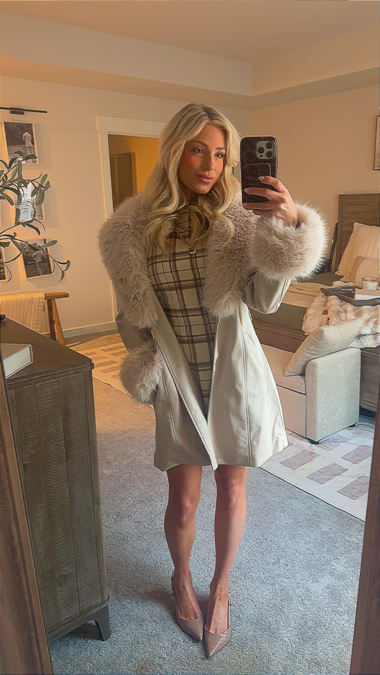 OOTD 🤎 Plaid mini, belted faux fur trench and nude slingback heels! 

 #LTKgrwm #LTKootd