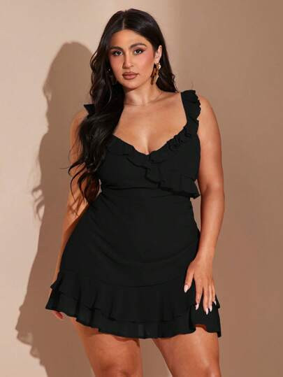 SHEIN BAE Plus Size Women's Elegant Romantic Sexy V-Neck Sweet Cute Versatile Date Red Ruffle Hem... | SHEIN