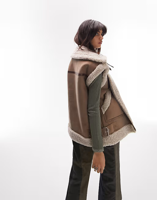 Topshop faux shearling oversized aviator vest in brown | ASOS (Global)