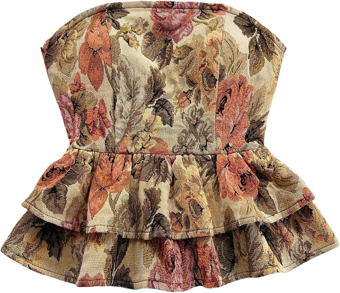 SOLY HUX Women's Floral Print Tie Backless Tube Top Layered Ruffle Strapless Vacation Tops | Amazon (US)