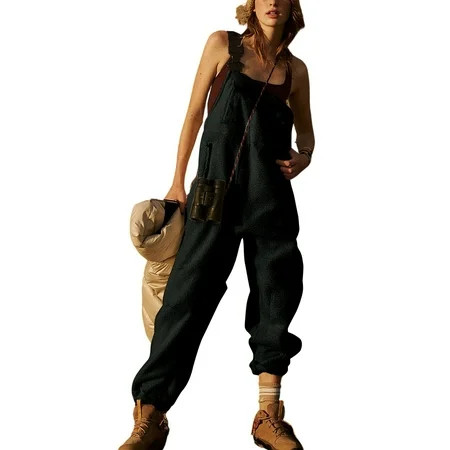 CCRFTGI Womens Fleece Overalls Comfy Warm Fuzzy Bib Overall Adjustable Strap One Piece Jumpsuits Winter Fashion Plus Size Ski Snow Pants with Pockets Black 2XL | Walmart (US)