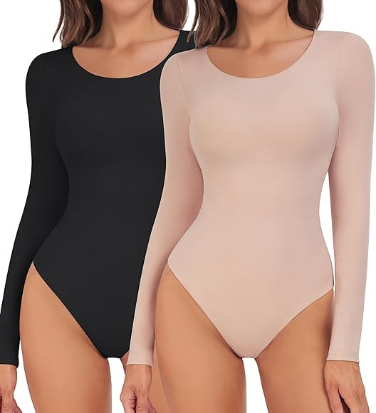 TDIFFUN Women’s Long Sleeve Scoop Neck Bodysuits Sexy Tops Double-Layer Skin-Friendly Naked Fee... | Amazon (US)