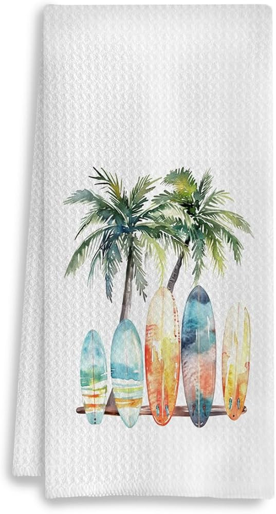 Beach Kitchen Towels - Coastal Summer Beach Dish Towels for Kitchen, Surfboard Tropical Palm Tree... | Amazon (US)