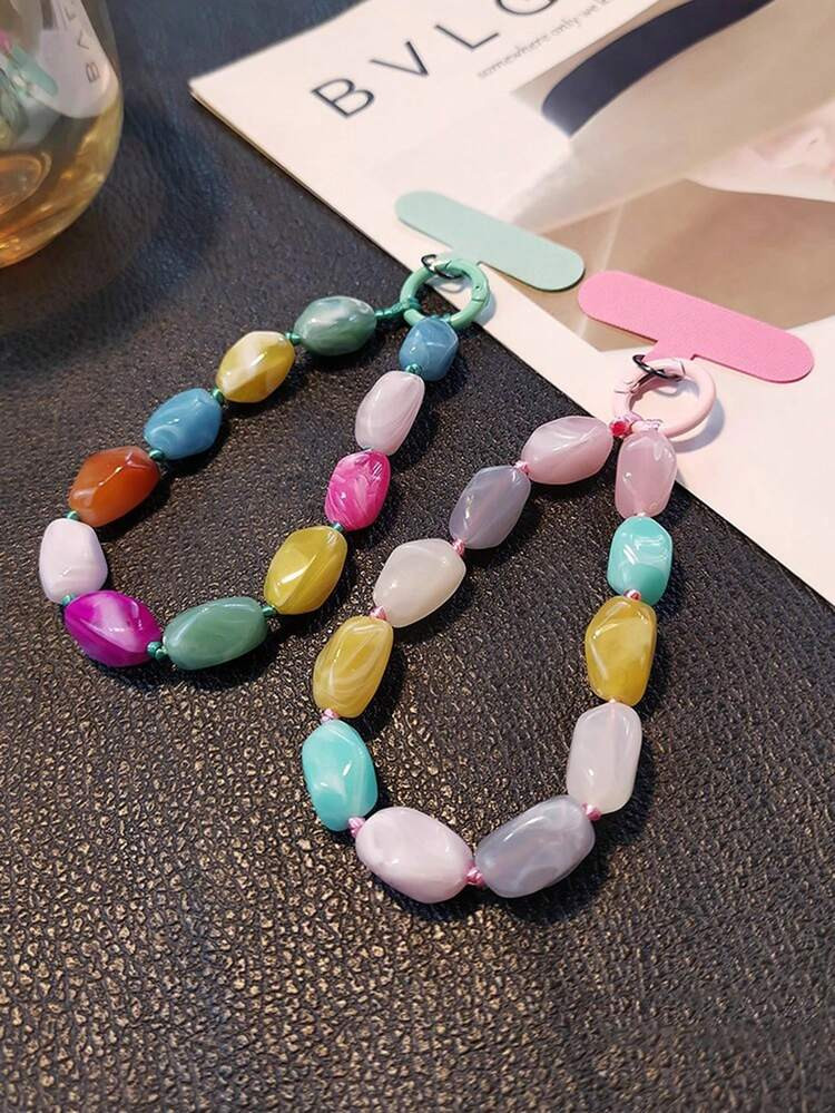 1pc Beaded Stone Phone Lanyard, Asymmetrical Stone Bracelet, Fashionable Minimalist Wrist Decor, Outdoor Travel Party Accessory, High-End Phone Charm Strap, Short Phone Case Lanyard, Universal With Pad | SHEIN