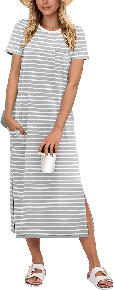ANRABESS Womens Summer Casual Midi Dress Short Sleeve Crewneck T Shirt Long Dresses Split Stripe ... | Amazon (US)