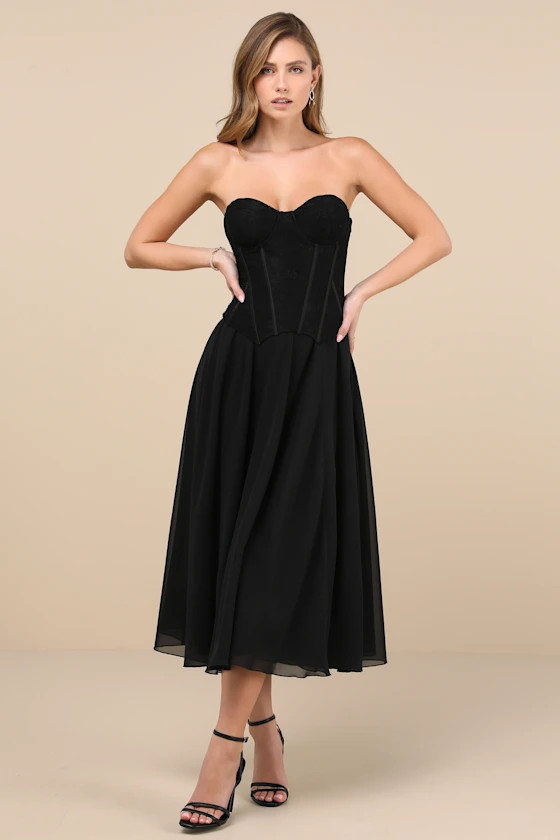 Truest Sensation Black Lace Bustier Midi Dress | Lulus