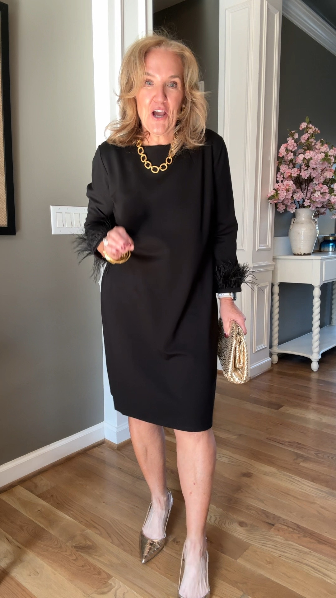 Jude dress with feather trim. Perfect holiday party wedding guest NYE dress 
Wearing a size large. Actually think it’s big so don’t size up. 

Linking my gold shoes and purse too. 



#LTKOver40 #LTKWedding #LTKHoliday