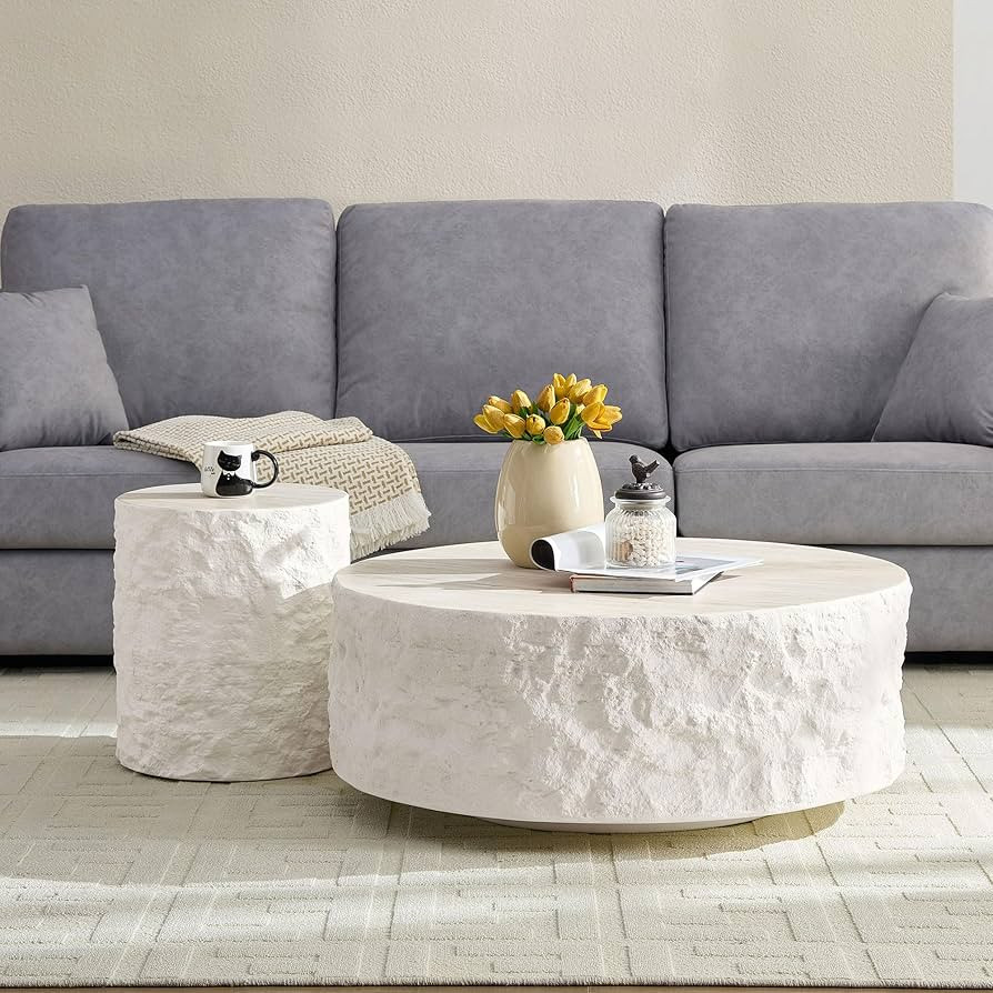 Fiberglass Round Coffee Table Set of Two, Living Room Vintage Design Faux Stone Coffee Table, Sid... | Amazon (US)
