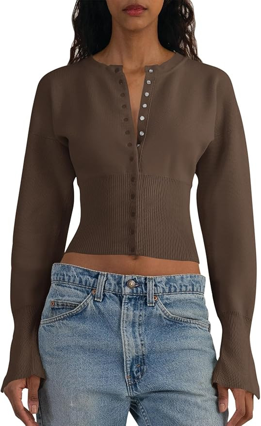 Saodimallsu Womens Cropped Sweaters Button Down Long Sleeve V Neck Ribbed Knit Slim Fit Pullover ... | Amazon (US)