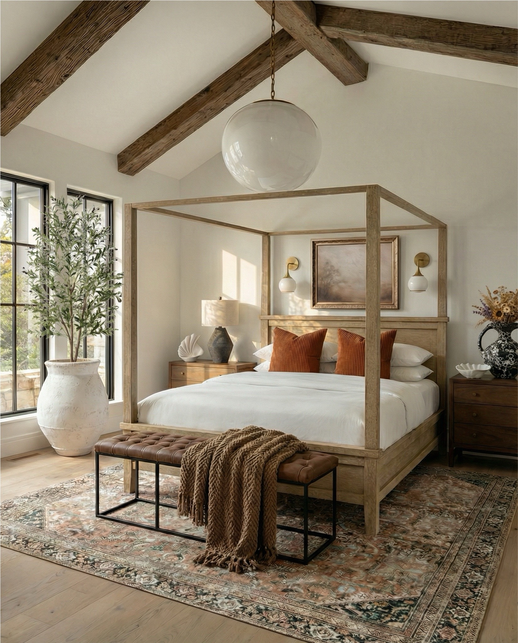 Wood canopy bed 
Brown leather upholstered bench
Brown knitted blanket
Brown throw pillows
Brown wood 3 drawer nightstands
Wall art
Glove wall lights
White tree planter
Black vase
Black table lamp
White decor bowl
Decor books
Wood dresser
Brown traditional rug 
Wood decor beads
Wood upholstered swivel chair
Wood end table
Green runner rug 
Faux olive tree 

#LTKHome #LTKSaleAlert