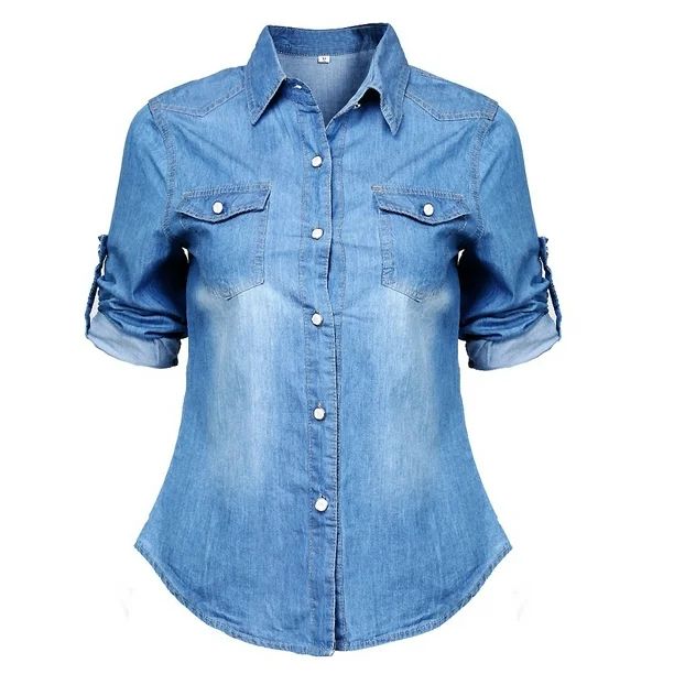 New Retro Women Casual Blue Jean Soft Denim Long Sleeve Shirt Tops Blouse Jacket Hot | Walmart (US)
