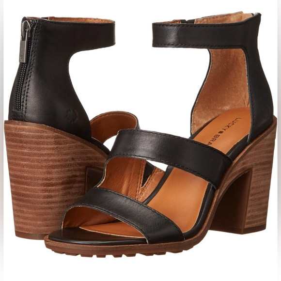 NEW Lucky Brand Valka Ankle Strap black leather High Heel Sandal 7.5 never worn | Poshmark
