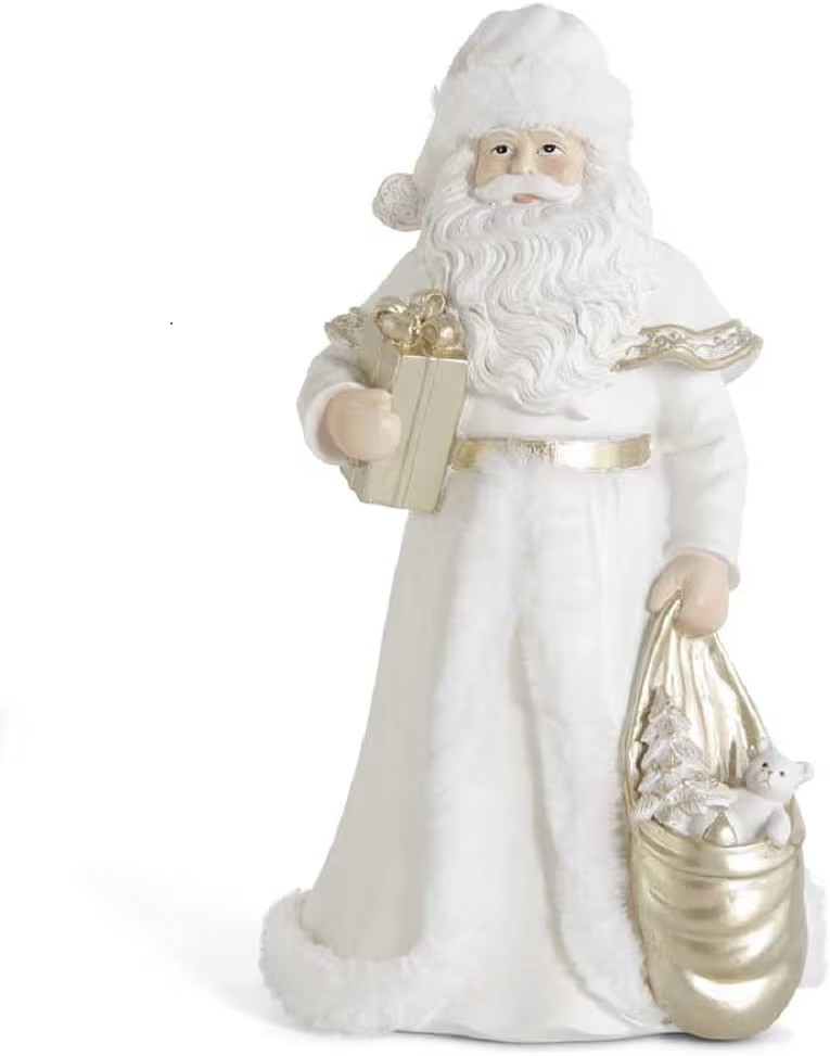 KK INTERIOR 54877B White and Gold Resin Santa Holding Package with Fur Trim, 12-inch Height | Amazon (US)