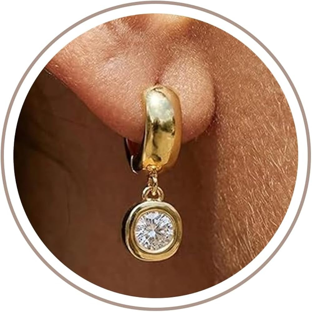 Freekiss Chunky Hoop Dangle Earrings for Women Trendy - Gold Plated Thick Hoops with Bezel Set Dr... | Amazon (US)