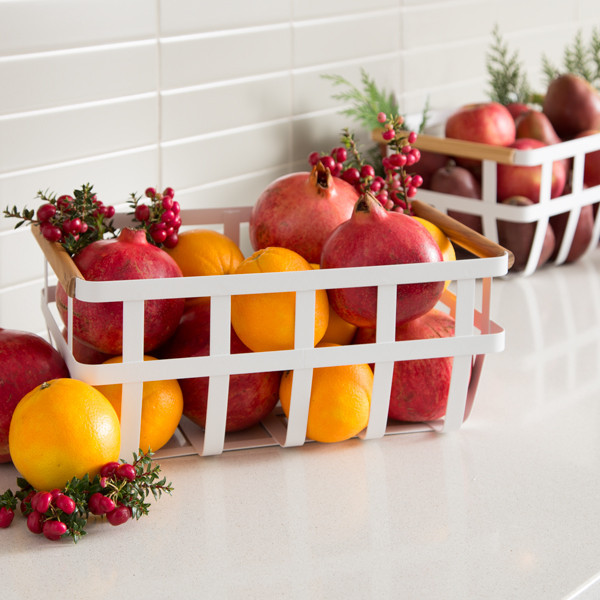 Yamazaki Tosca Basket W/ Wooden Handles White/Natural | The Container Store