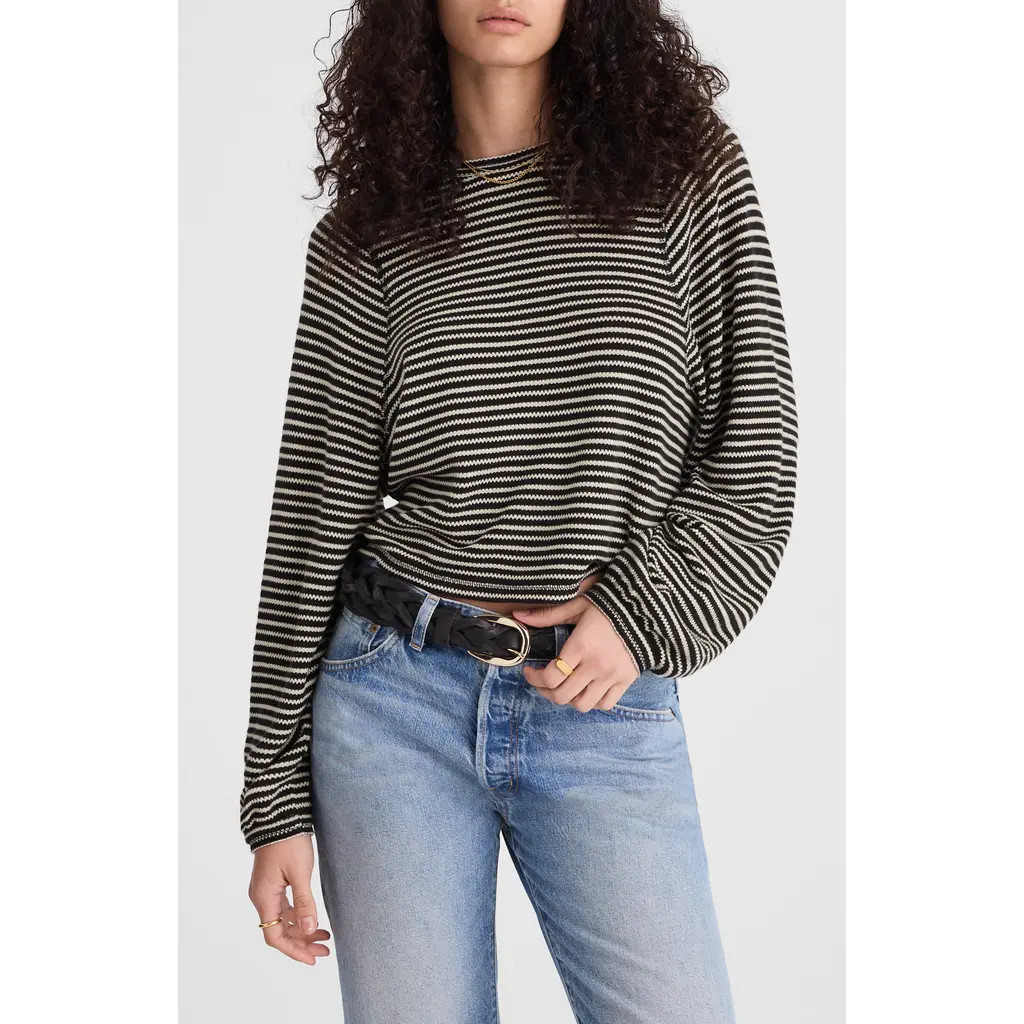 Madewell Stripe Curved Long Sleeve T-Shirt in Jet Black at Nordstrom, Size X-Large | Nordstrom
