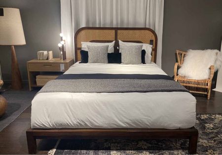 CB2 Furniture Store Visit // bedroom fall decor. Wood and Cane Bed // Oak Nightstand with Drawer // Wood and Linen Modern Floor Lamp // Linen White Curtain Panels

#LTKhome #LTKstyletip #LTKover40