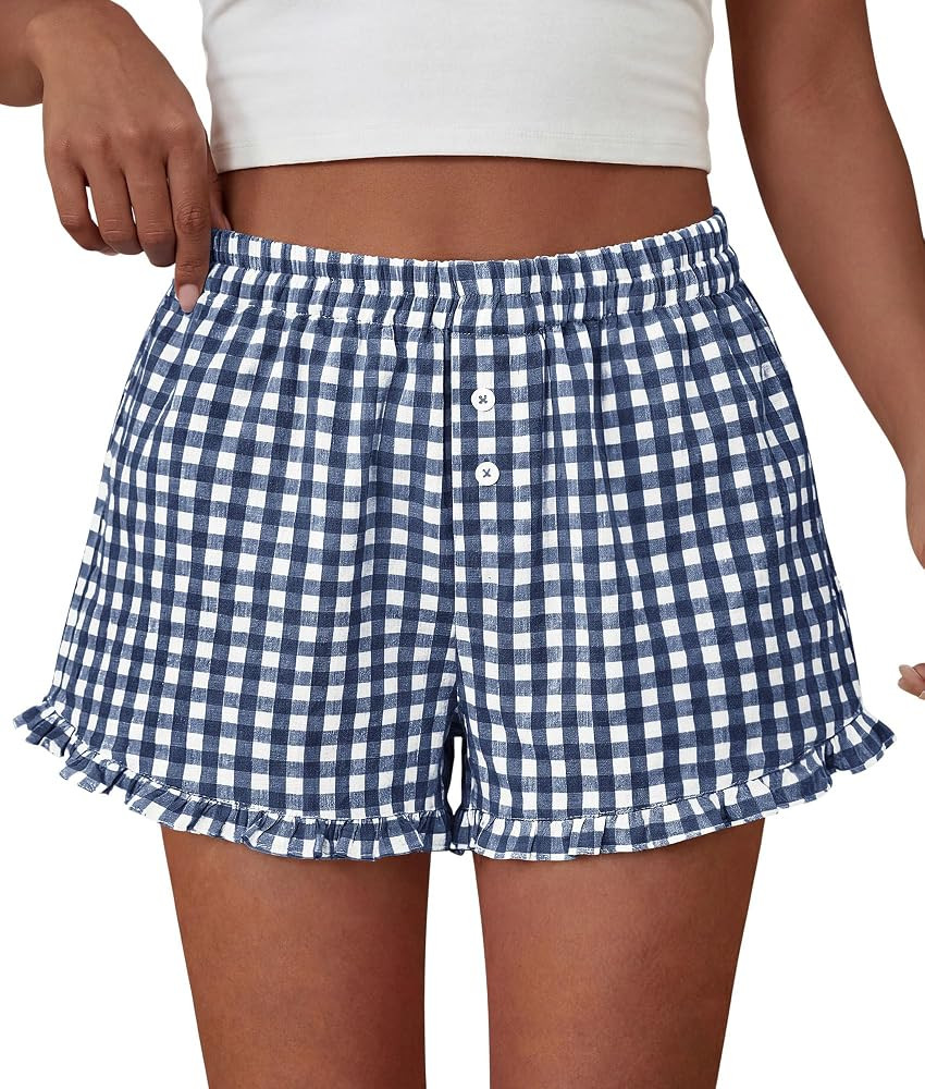 PRETTYGARDEN Womens Boxer Shorts Striped Gingham Ruffle Pajama Bottoms | Amazon (US)