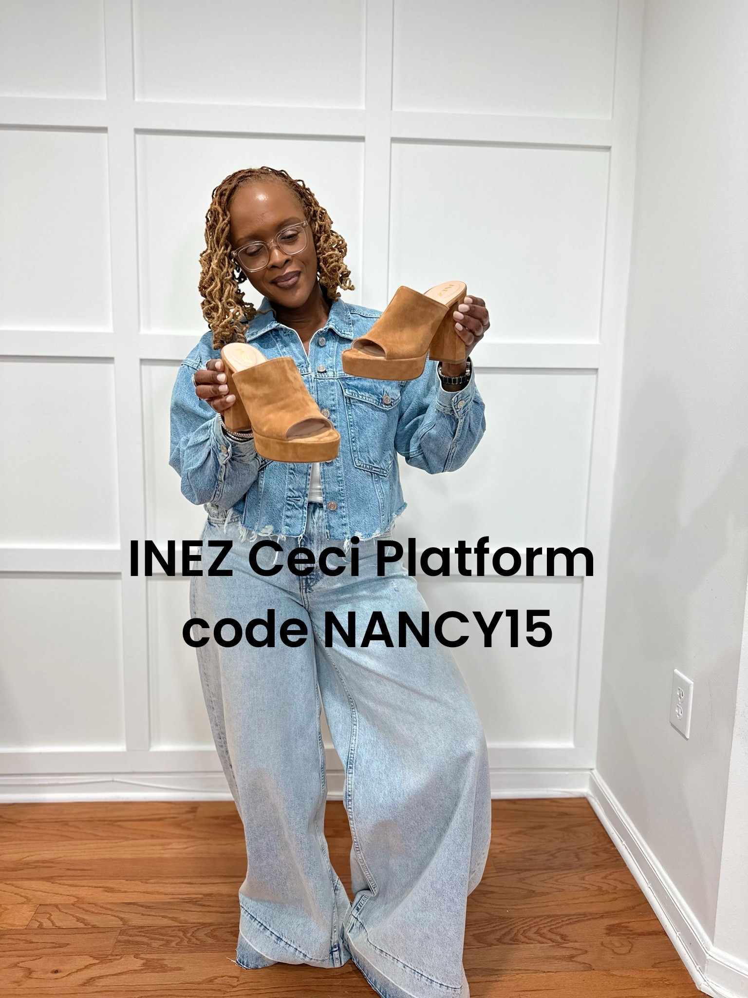 INEZ  Platform heel style with denim jeans and a denim jacket for a casual brunch outfit use code NANCY15

#LTKootd #LTKdayinmylife #LTKOver40