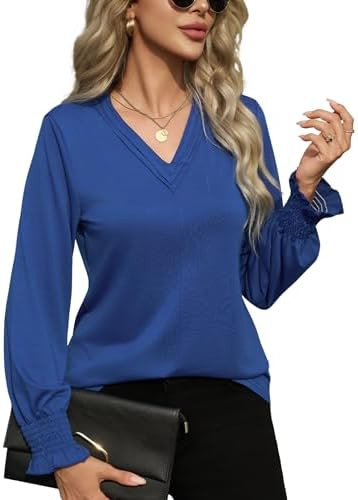 Womens Long Sleeve Shirts V Neck Business Casual Tunic Tops Basic Tees Smocked Cuffs 2025 Women F... | Amazon (US)