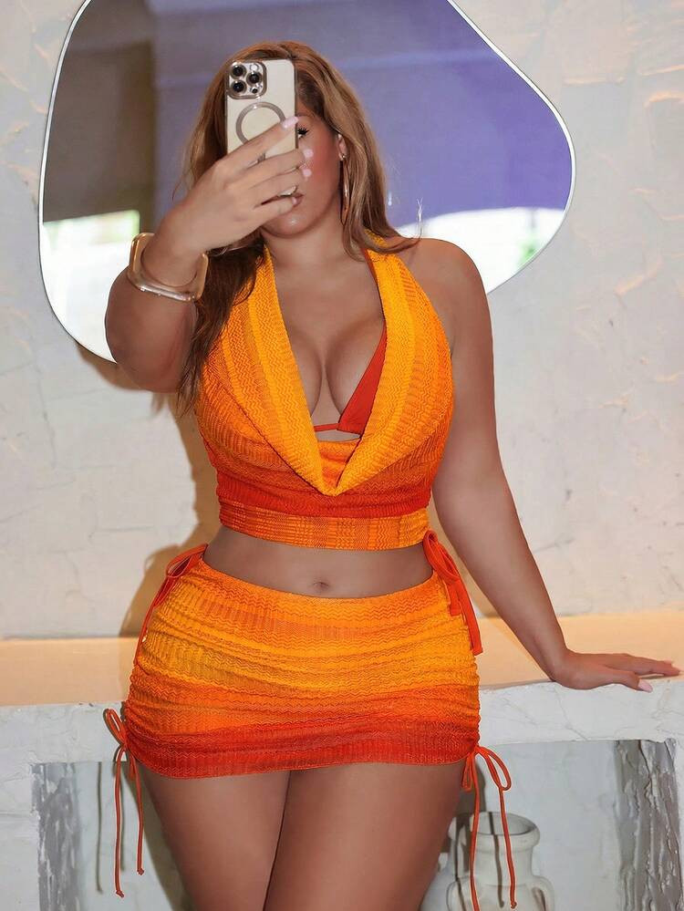 Swim SXY Plus Size Hollow-Out Fabric 4-Piece Bikini Set, Suitable For Holiday Beach Vacation | SHEIN