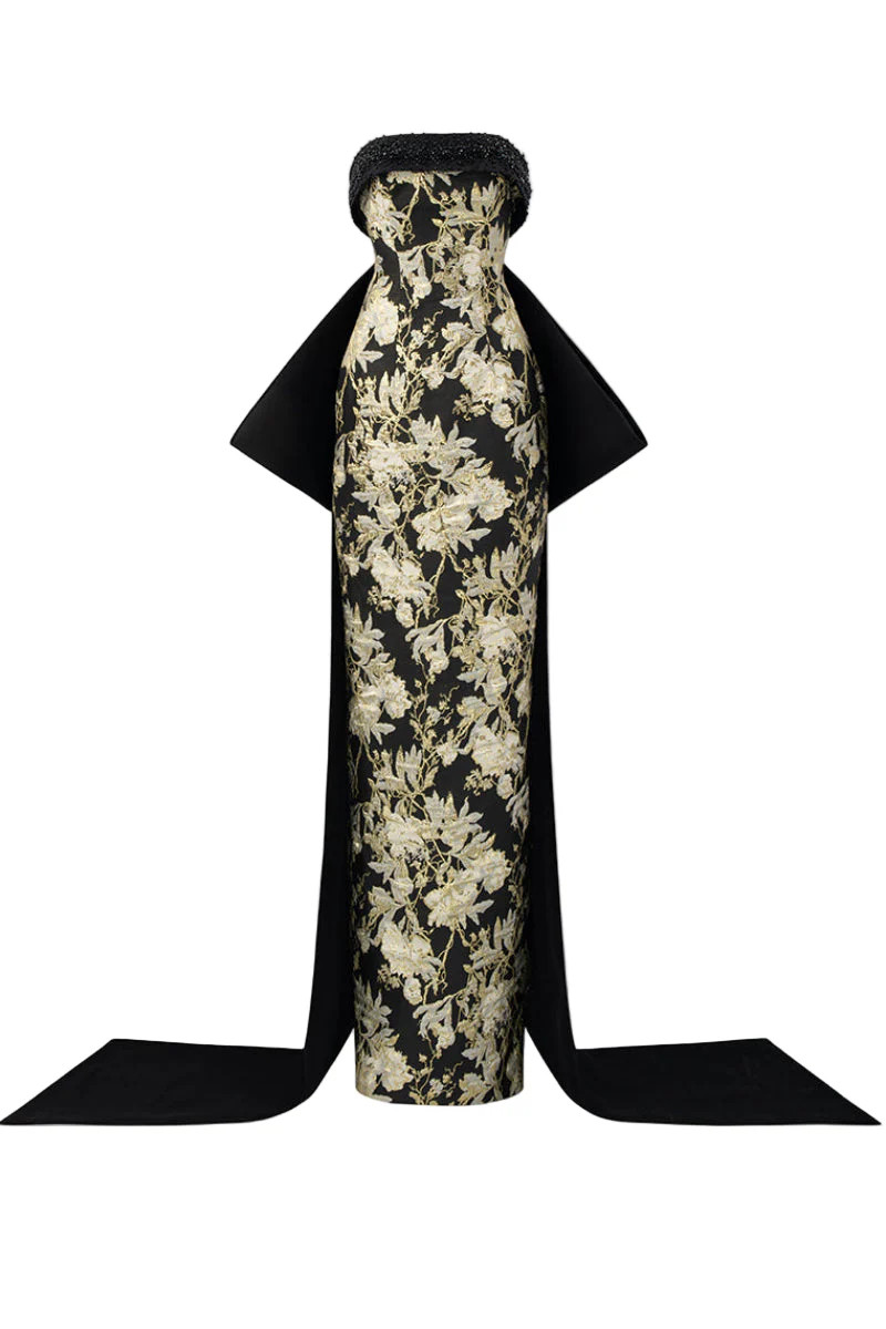 MARIE JACQUARD AND TAFFETA BOW GOWN | I.H.F | CULT MIA | CULT MIA UK LTD