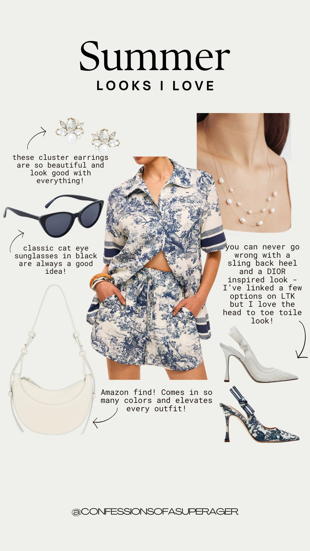 Head-to-toe toile? Yes, please! This Dior-inspired two-piece set is everything — polished, breathable, and just so chic. Paired with the perfect white summer accessories, classic cat-eye sunnies, and pearl cluster earrings, this look feels designer without the price tag. 

 #LTKOver40 #LTKFindsUnder100 #LTKStyleTip