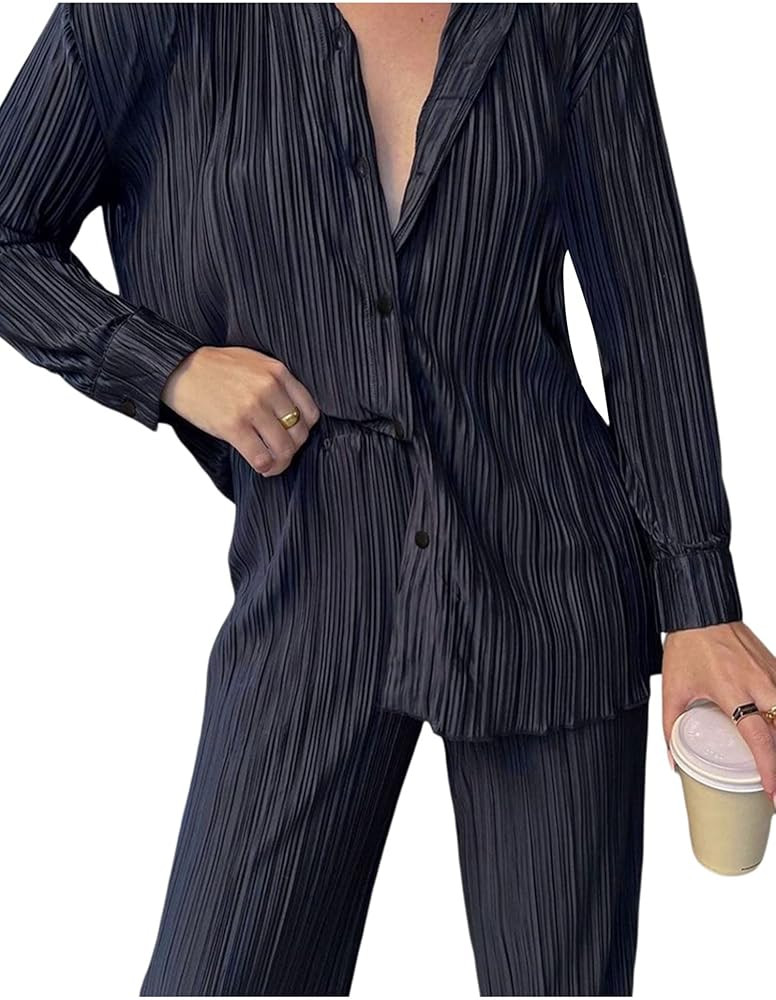 Franhais Wide Leg Pants Sets Women 2 Piece Outfits Casual Long Sleeve Button Down Shirt Linen Pan... | Amazon (US)