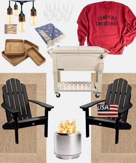 Outdoor furniture, Outdoor entertaining, Adirondack chairs, solo stove, Pirma steel antique rolling cooler, basket set, flag throw blanket, string lights, patio decor￼

#LTKhome #LTKSeasonal #LTKfamily