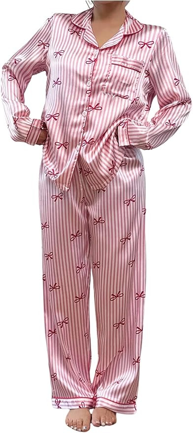 WDIRARA Women's 2 Piece Bowknot Print Satin Pajama Set Long Sleeve Button Down Lounge Pants Sleep... | Amazon (US)