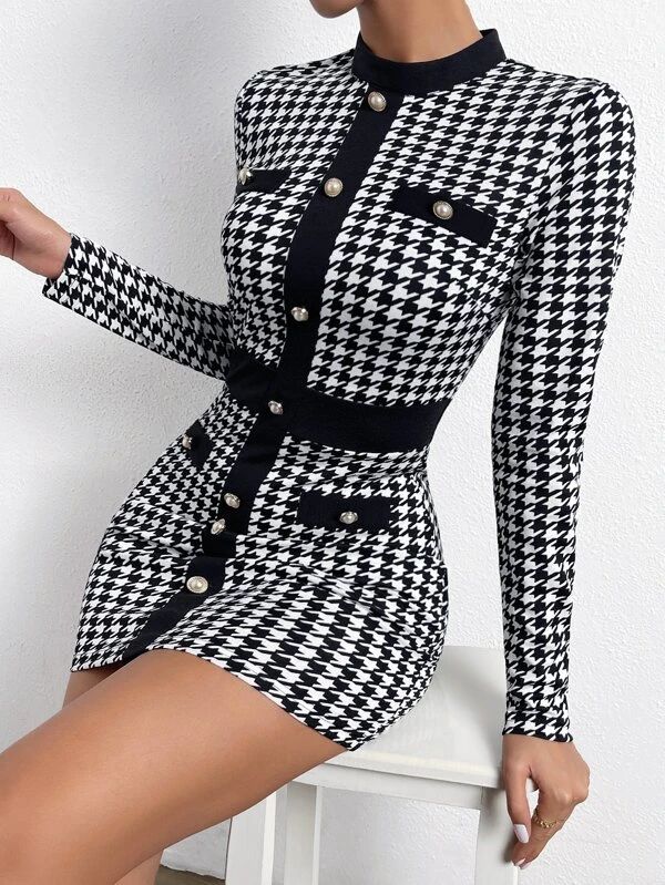 Houndstooth Print Button Front Bodycon Dress
   
      SKU: sw2209153885264704
          (19 Revi... | SHEIN