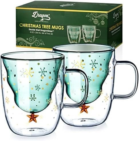 Dragon Glassware Glass Coffee Mugs, Christmas Tree Double Wall Insulated Cups, Keeps Beverages Ho... | Amazon (US)