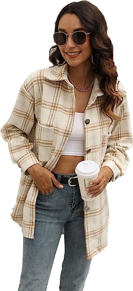 Qiaomai Women's Casual Plaid Lapel Button Up Short Brushed Shacket Blouse Top Coat | Amazon (US)