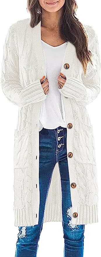 MEROKEETY Womens Long Sleeve Cable Knit Long Cardigan Open Front Button Sweater Outerwear | Amazon (US)