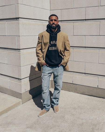 FEAR OF GOD California Blazer in Camel (size 48), Hoodie in black (size M), Distressed Jeans (size 32) and Loafers (size 41). FEAR OF GOD x BARTON PERREIRA glasses . An elevated casual men’s look perfect for Fall. Linked items currently upto 50% off on sale. 

#LTKsalealert #LTKmens #LTKstyletip