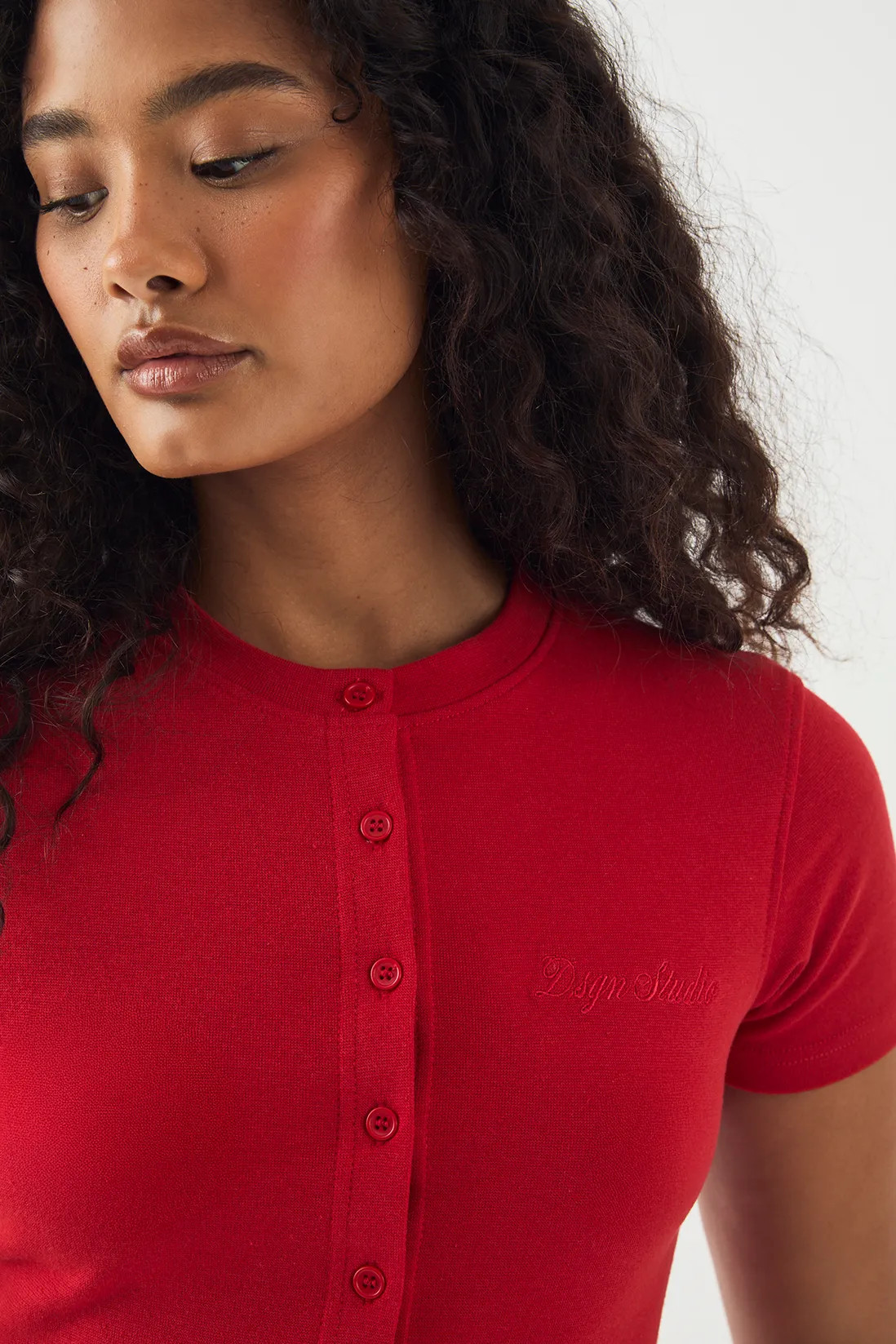 DSGN Studio Script Embroidery Ribbed Button Through Short Sleeve Top | Boohoo.com (UK & IE)