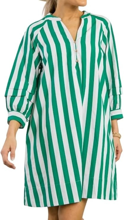 Womens Striped Mini Dress V Neck Casual Summer 3/4 Lantern Sleeves Loose Beach Tunic Shift Dresse... | Amazon (US)