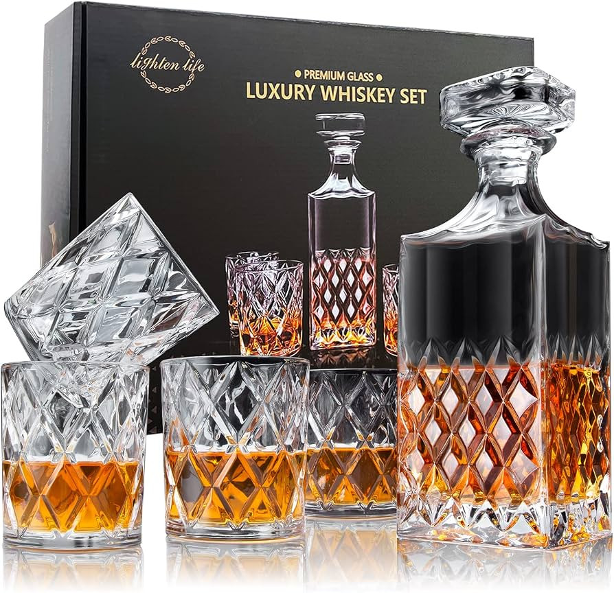 LIGHTEN LIFE Whiskey Decanter Set,Italian Style Decanter Set with 4 Glasses in Gift Box,Crystal B... | Amazon (US)