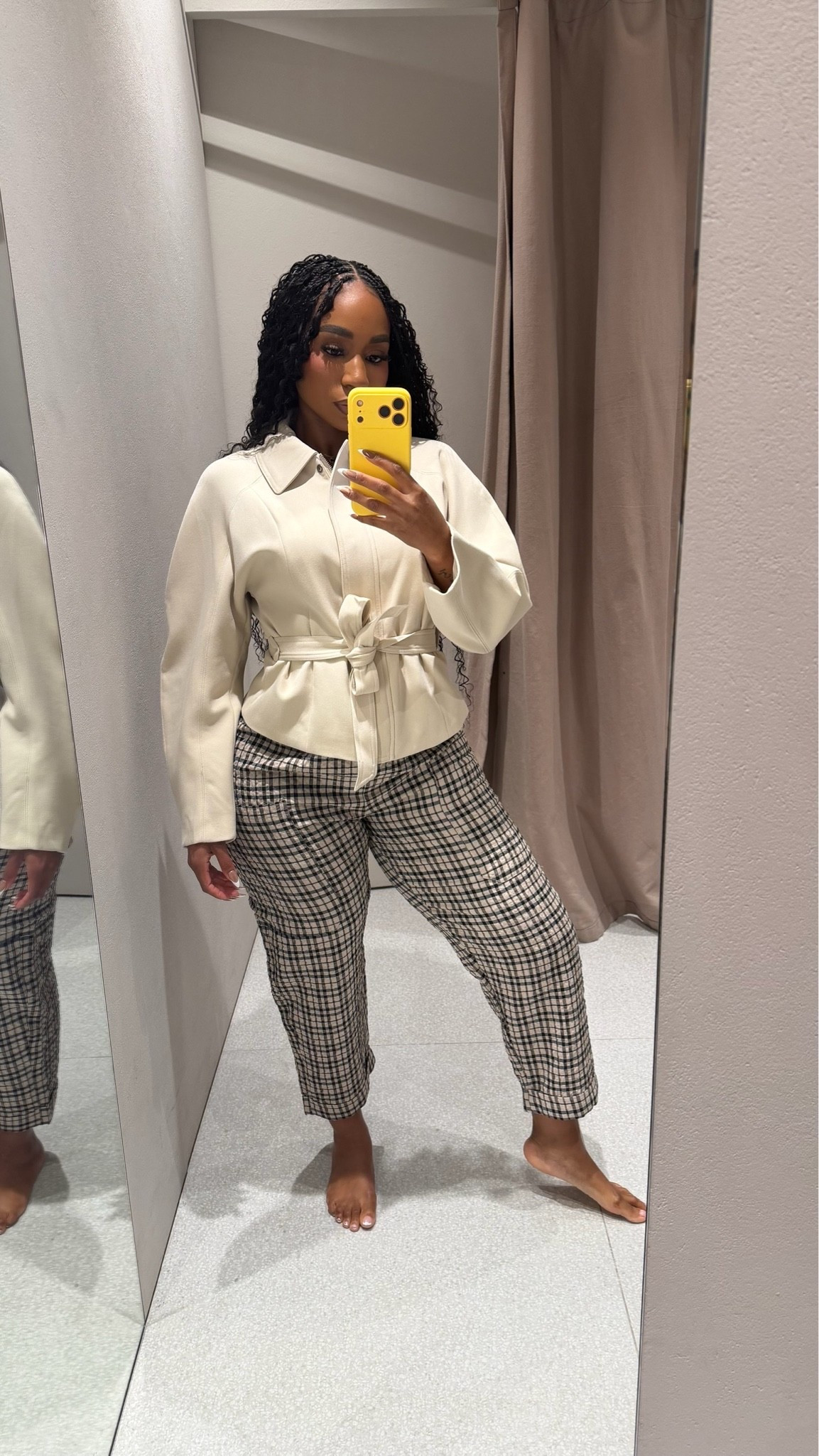Faux leather jacket paired with plaid parachute pants for a chic workwear or elevated casual outfit!