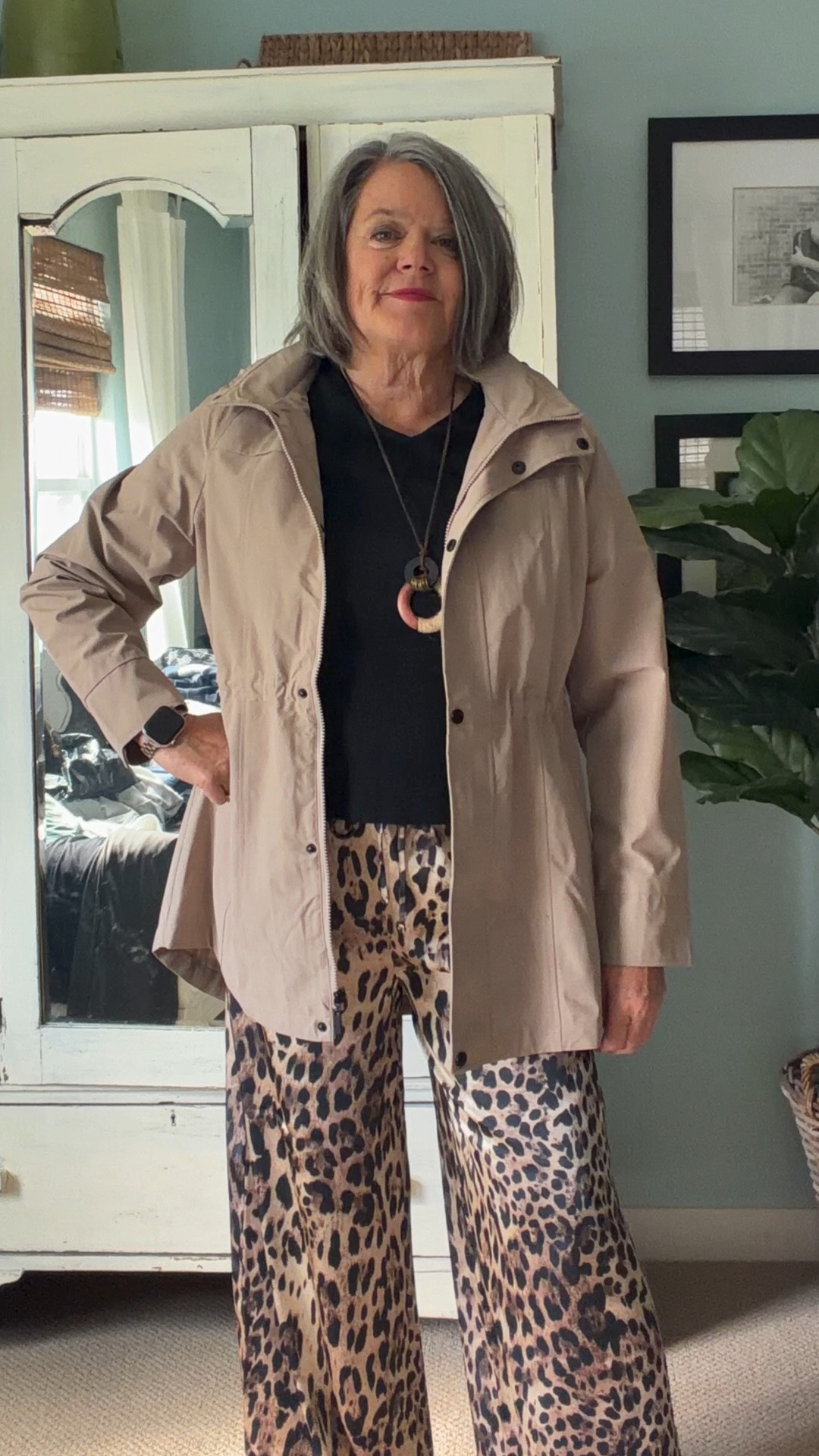 Cheetah pants just make everything more fun. 🐆 I kept the rest of the outfit simple with a classic black tee, long necklace and black suede Born mules from @Soft Surroundings then added this lightweight packable tan raincoat from @Coldwater Creek for an easy fall layer.

I love an outfit like this because it’s comfortable, a little playful and still feels pulled together — exactly the kind of thing I reach for when I want to look polished without trying too hard.

The neutral jacket tones down the cheetah print, and the black top and shoes help tie everything together. Such an easy formula for fall!

Would you wear cheetah pants like these?

#FallStyle #WomenOver50Style  #LTKOver50 #MidlifeStyle #ad

#LTKOver40 #LTKMidsize