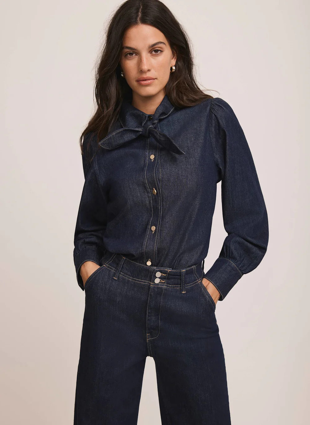 Dark Indigo Tie Neck Denim Shirt | Mint Velvet