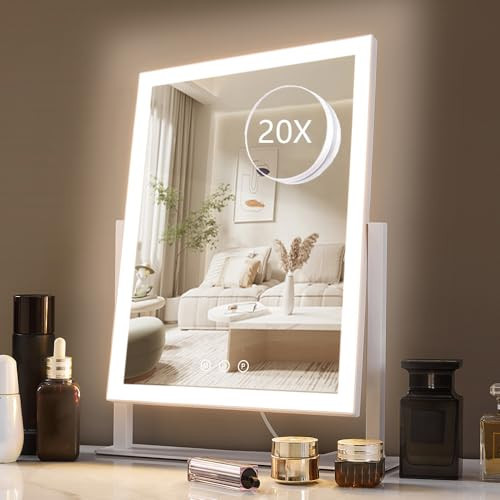 HIEEY Lighted Makeup Mirror, Hollywood Vanity Mirror with Lights, Three Color Lighting Modes, with 4in 20X Magnification Mirror, Smart Touch Control, 360°Rotation (17.4in,White,Gift Box) | Amazon (US)