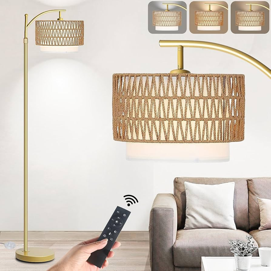 Arc Floor Lamp for Living Room,Gold Floor Lamps with Remote Control & Dimmable Bulb,Rattan Boho T... | Amazon (US)